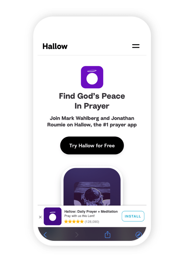 Screenshot of Hallow mobile website showing Journeys smart banner: Hallow: Daily Prayer + Meditation [Install]