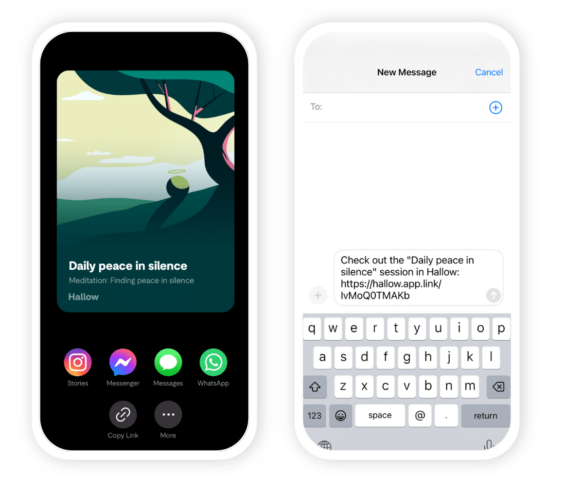 Two screenshots showing peer-to-peer sharing flow from Hallow app. Screen 1: Share sheet Screen 2: SMS referral text: Check out the "Daily peace in silence" session in Hallow