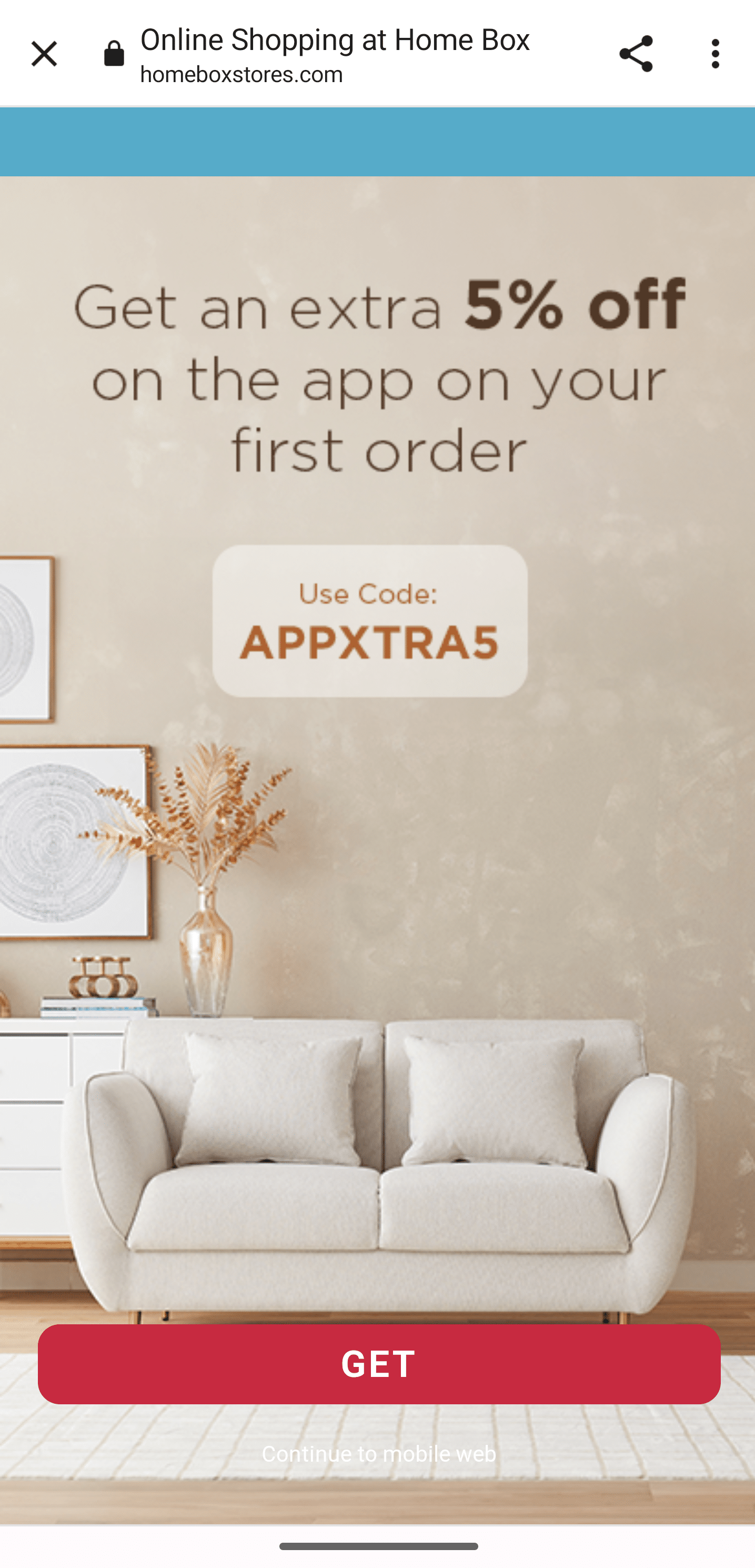 Screenshot of an example HomeBox full-age interstitial promoting 5% off if the customer downloads the app.