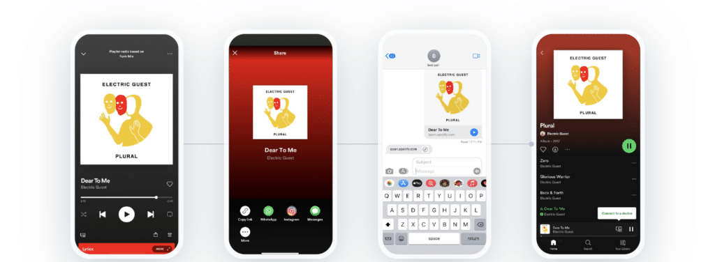 4 images of a smart phone showing the link-sharing process that a popular streaming service has: 1: Playing the song on your phone, clicking the button to share 2: Selecting what platform to share to 3: Showing what the shared link looks like in the iPhone messages platform 4: Showing what the link destination looks like for the shared user