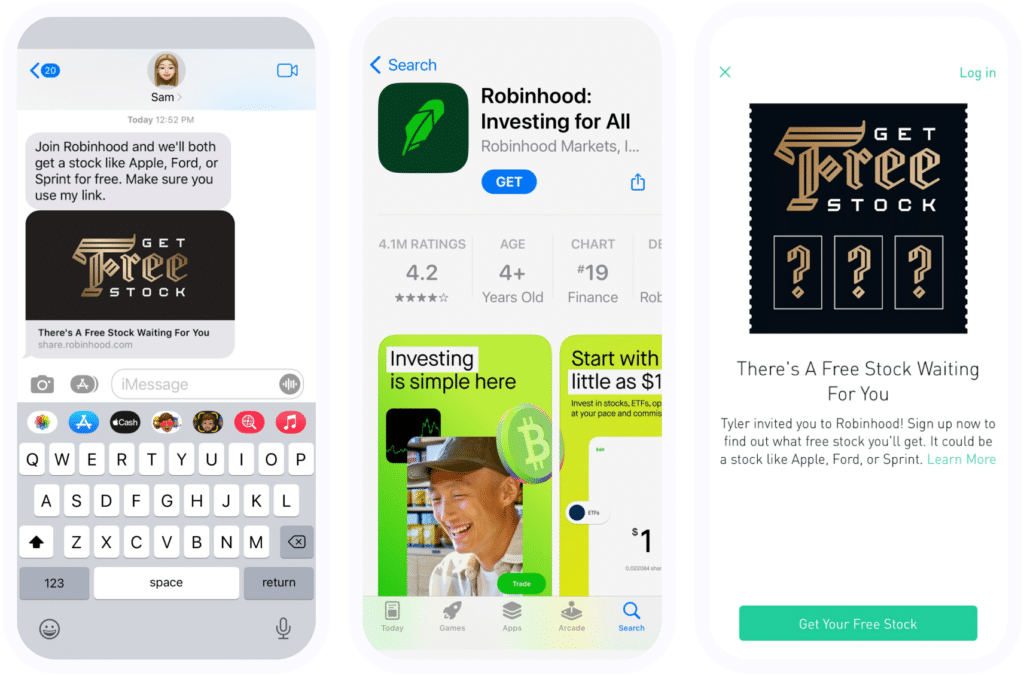 Mobile referral example featuring our customer Robinhood. There are three phones that show a user getting a referral to earn stock and directly being able to download the app to redeem