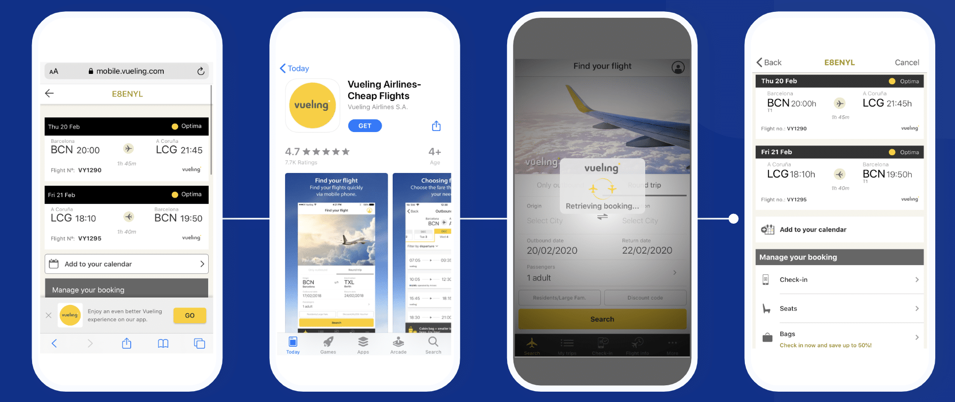 User flow in from the mobile web to the Vueling app:

Screen 1: User is managing booking on mobile website. Smart banner shows prompt to download the app. 

Screen 2: Vueling app listing in the app store

Screen 3: User downloads the Vueling app. Upon install, the app automatically retrieves the booking information. 

Screen 4: User resumes booking activity in the app. 