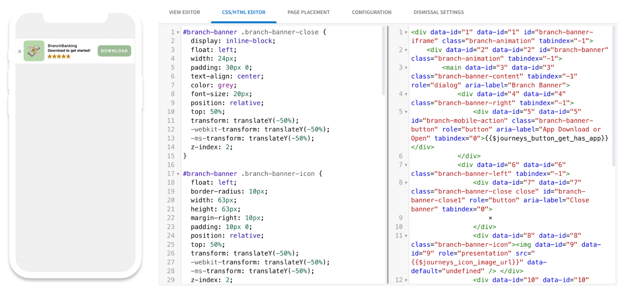 Screenshot of the Branch CSS/HTML editor. 