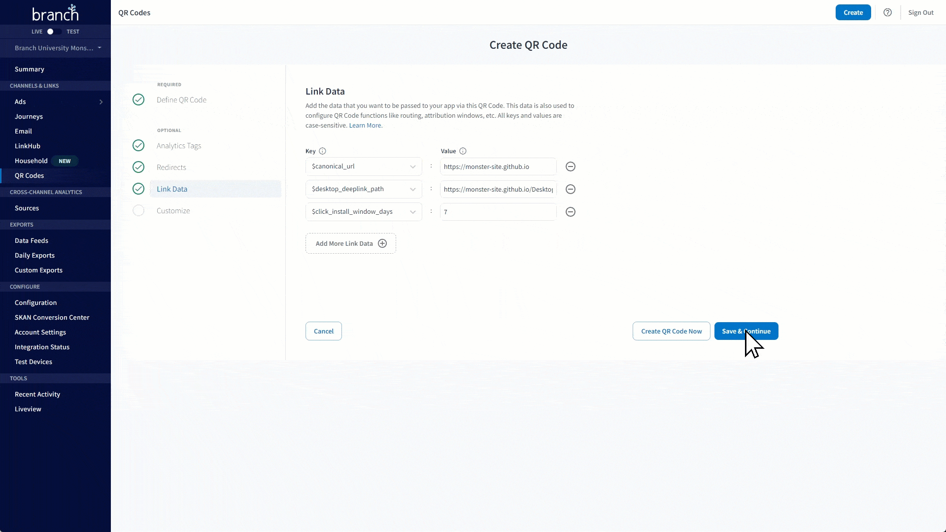 A screen recording of the Branch Dashboard creates a customized QR code.