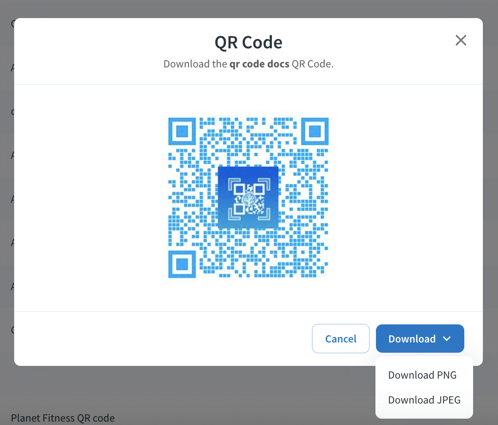 A screenshot of a pop-up window on the Branch Dashboard to download and test a QR code.