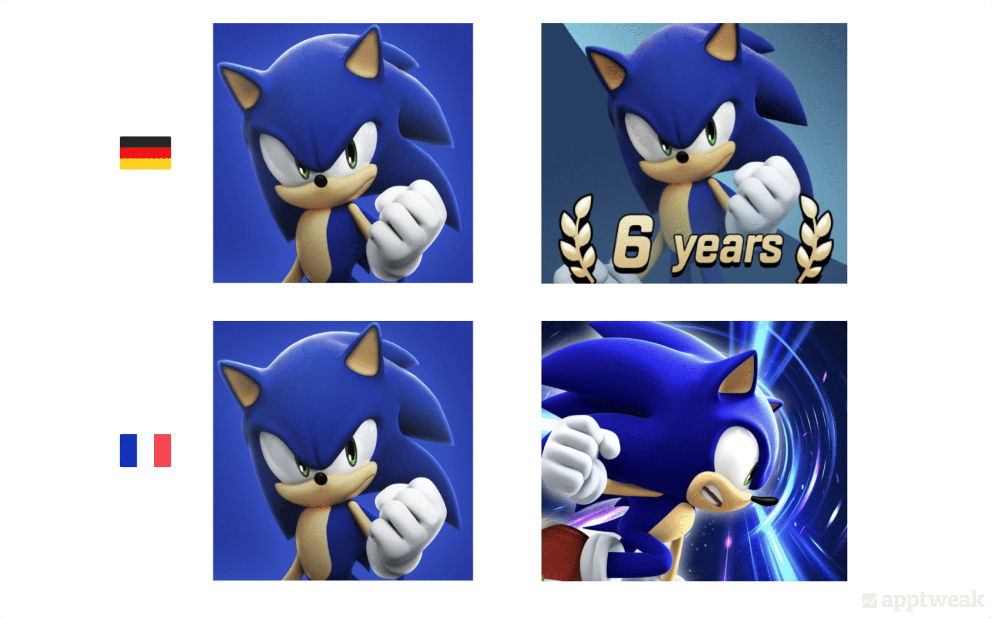 Two images of Sonic next to a German flag and two images of Sonic next to a French flag.