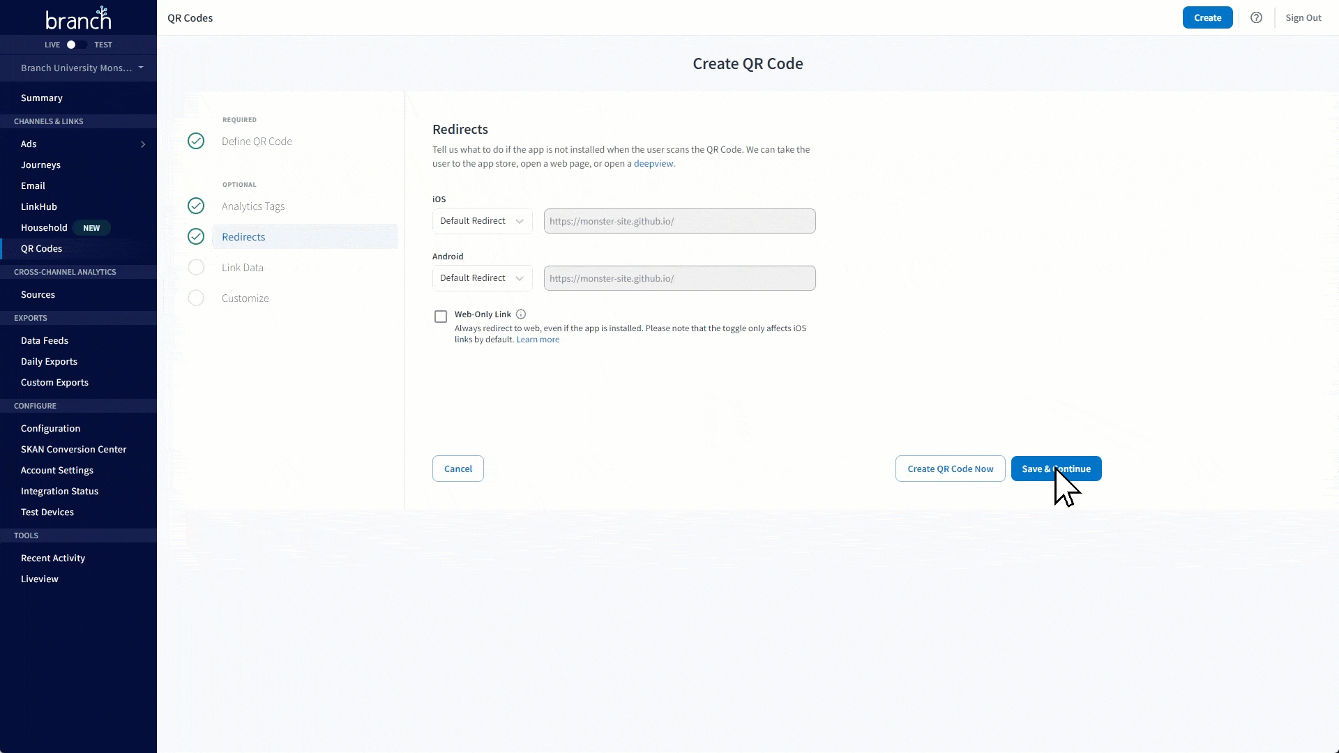 A screen recording of the Branch Dashboard edits link data for a customized QR code.